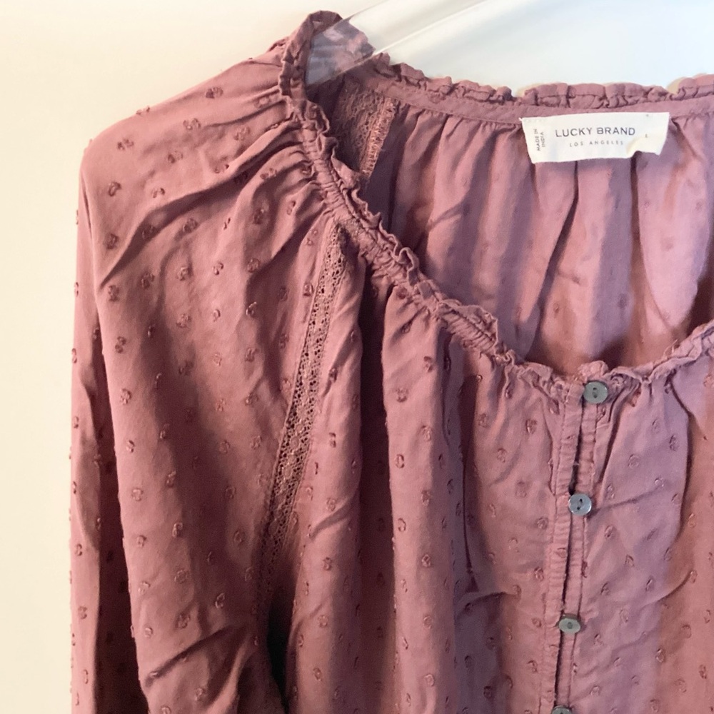 Lucky Brand Long Sleeve Swiss Dot Bubble Hem Peasant Top - Rose Brown - L - Picture 5 of 10